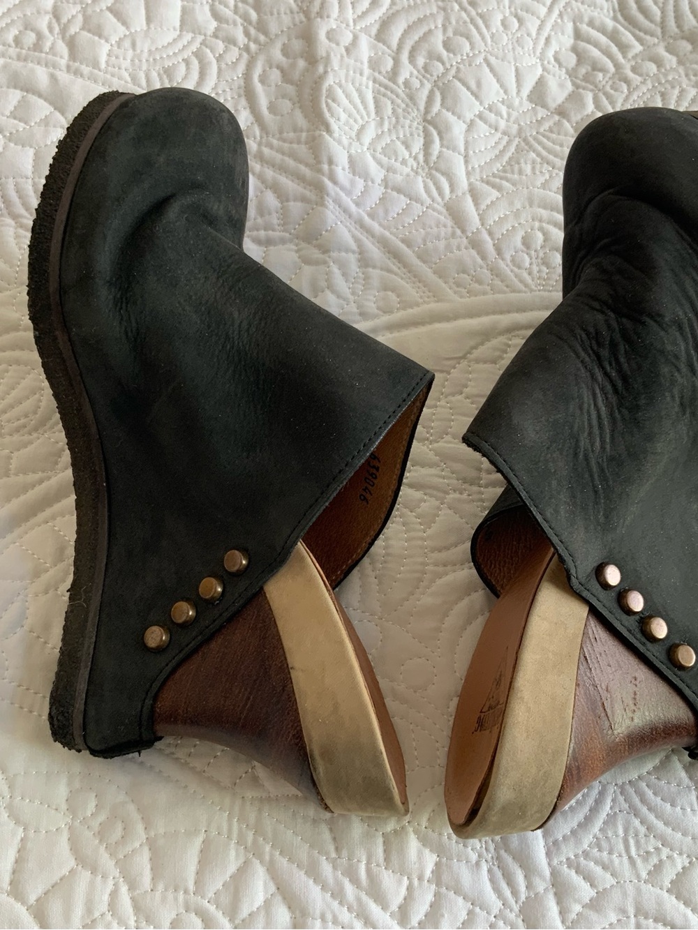 John Fluevog Black Leather Clog Mules with Gold Accents